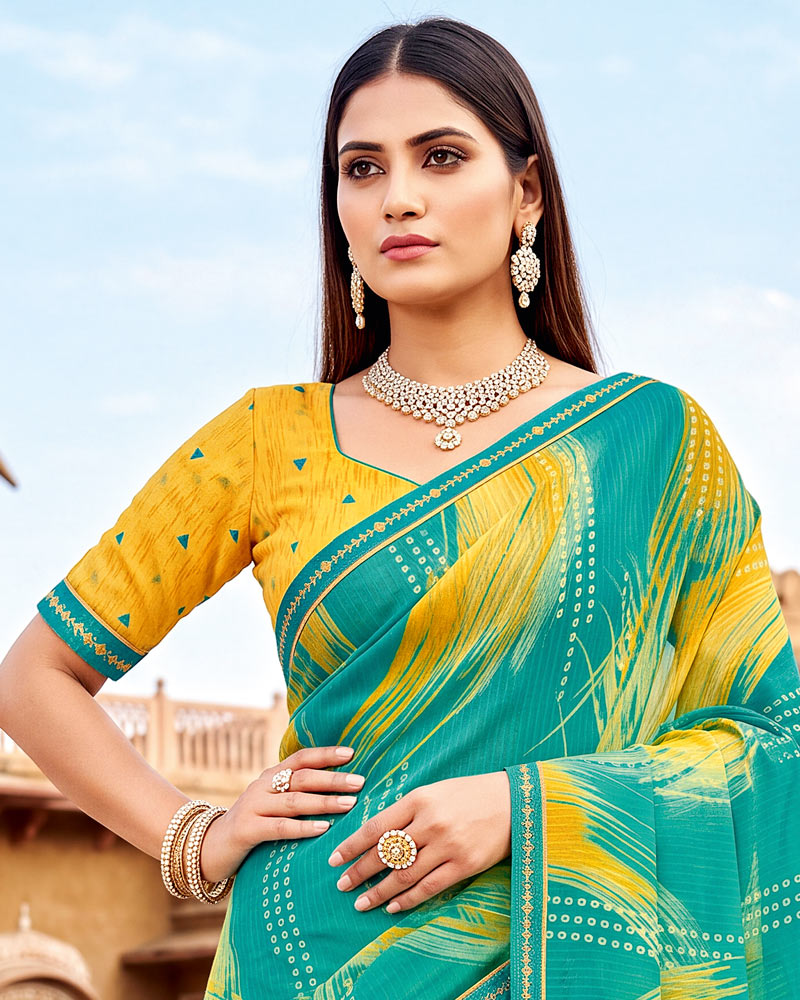 Vishal Prints Persian Green Printed Chiffon Saree With Fancy Border