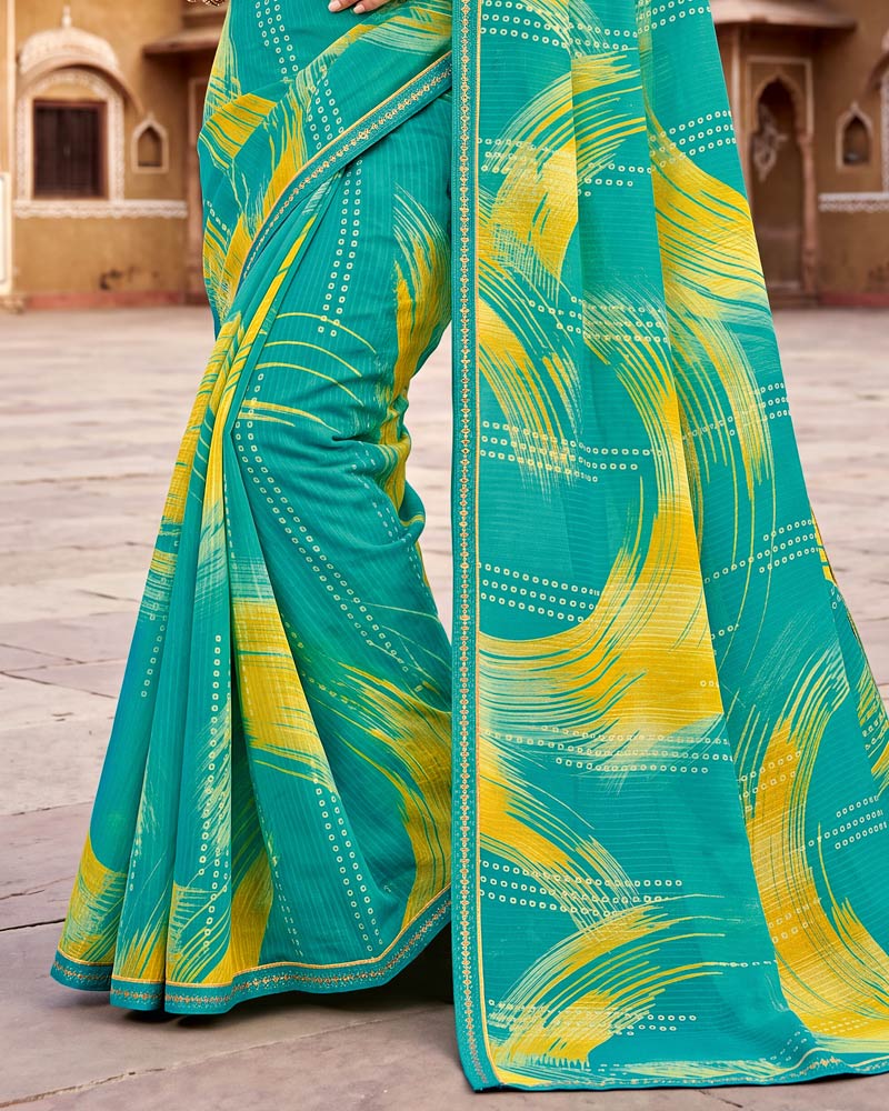 Vishal Prints Persian Green Printed Chiffon Saree With Fancy Border