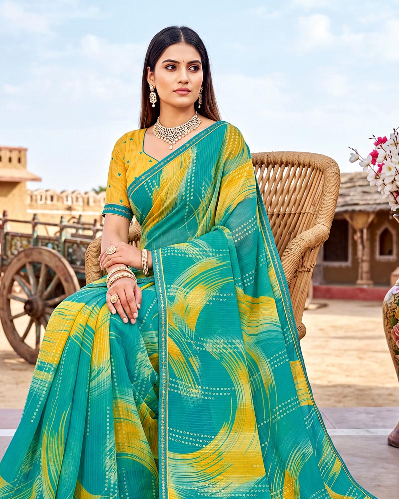 Vishal Prints Persian Green Printed Chiffon Saree With Fancy Border