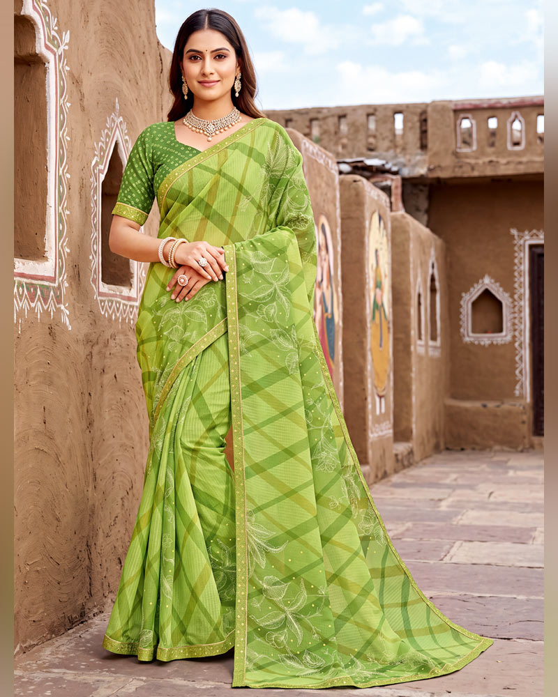 Vishal Prints Light Moss Green Printed Chiffon Saree With Fancy Border