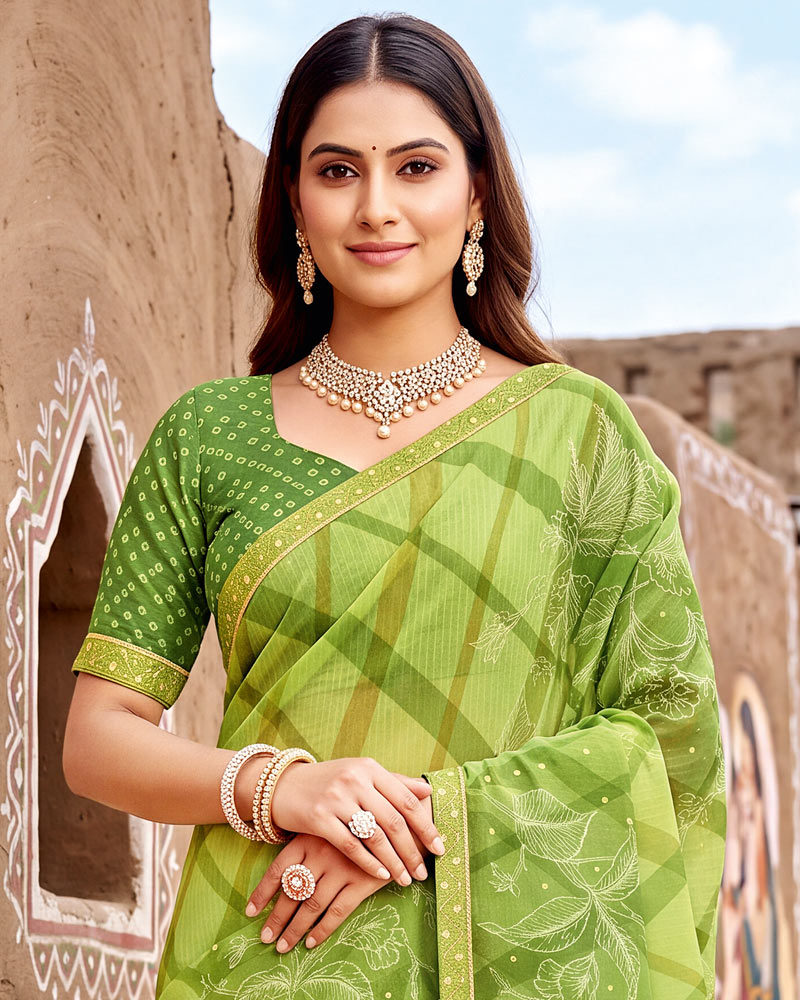 Vishal Prints Light Moss Green Printed Chiffon Saree With Fancy Border