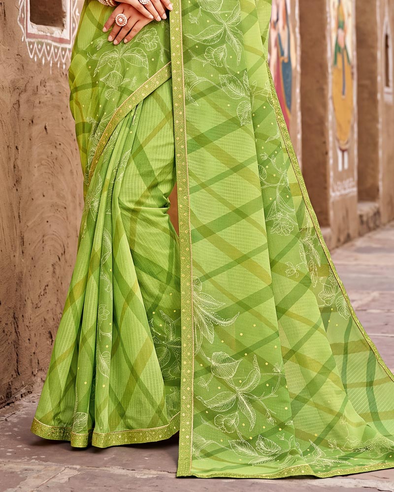 Vishal Prints Light Moss Green Printed Chiffon Saree With Fancy Border