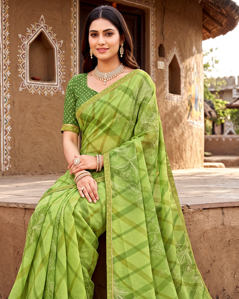 Vishal Prints Light Moss Green Printed Chiffon Saree With Fancy Border