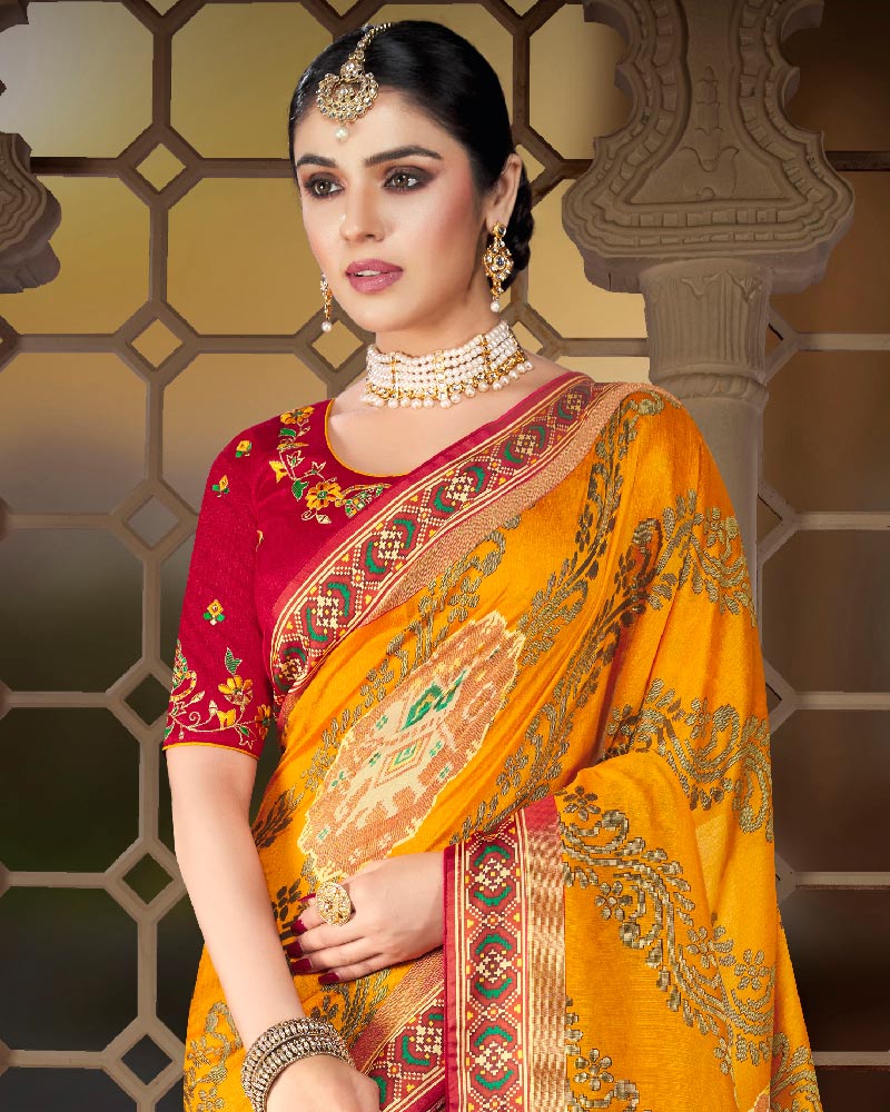 Vishal Prints Golden Yellow Brasso Saree With Weaved Satin Patta And Tassel