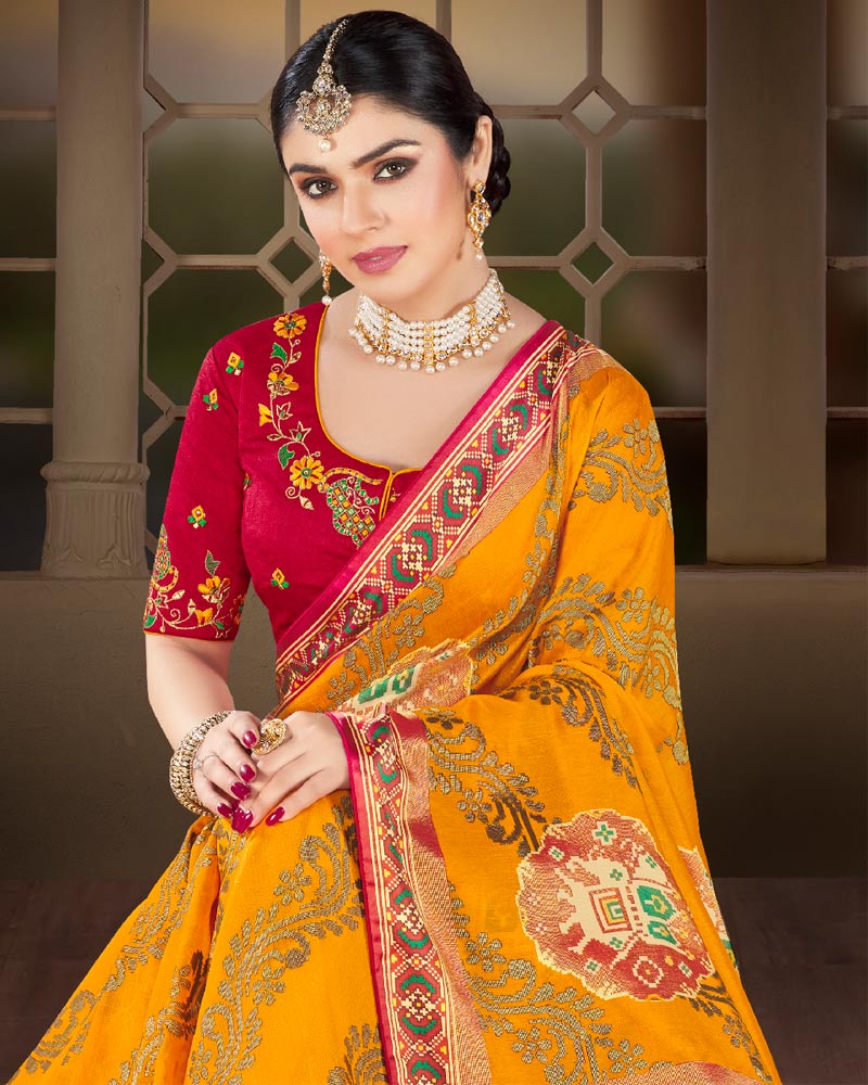 Vishal Prints Golden Yellow Brasso Saree With Weaved Satin Patta And Tassel