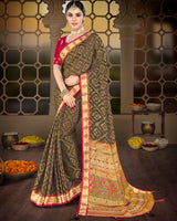 Vishal Prints Dark Grey Brasso Saree With Weaved Satin Patta And Tassel