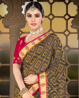 Vishal Prints Dark Grey Brasso Saree With Weaved Satin Patta And Tassel
