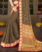 Vishal Prints Dark Grey Brasso Saree With Weaved Satin Patta And Tassel