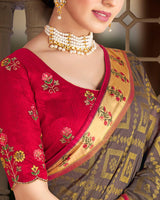 Vishal Prints Dark Grey Brasso Saree With Weaved Satin Patta And Tassel