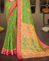 Vishal Prints Parrot Green Brasso Saree With Weaved Satin Patta And Tassel