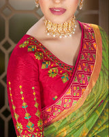 Vishal Prints Parrot Green Brasso Saree With Weaved Satin Patta And Tassel