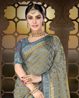 Vishal Prints Grey Brasso Saree With Weaved Satin Patta And Tassel