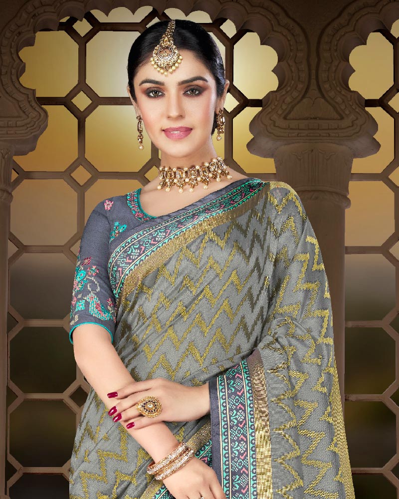 Vishal Prints Grey Brasso Saree With Weaved Satin Patta And Tassel