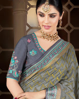 Vishal Prints Grey Brasso Saree With Weaved Satin Patta And Tassel
