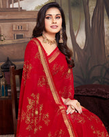 Vishal Prints Cherry Red Georgette Saree With Foil Print And Fancy Border