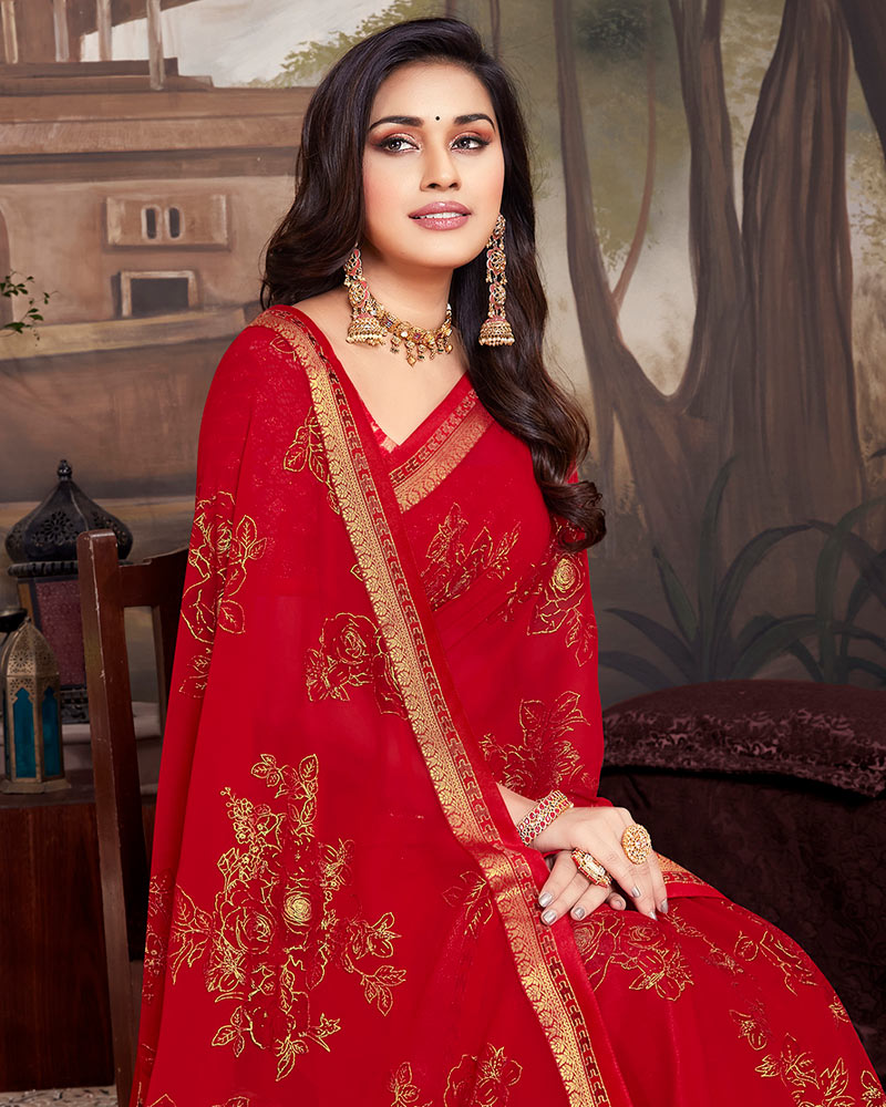Vishal Prints Cherry Red Georgette Saree With Foil Print And Fancy Border