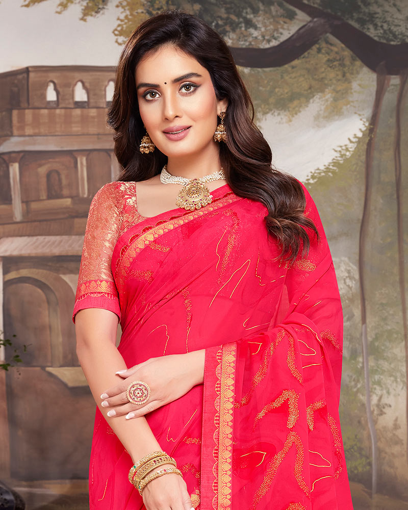 Vishal Prints Red Pink Georgette Saree With Foil Print And Fancy Border
