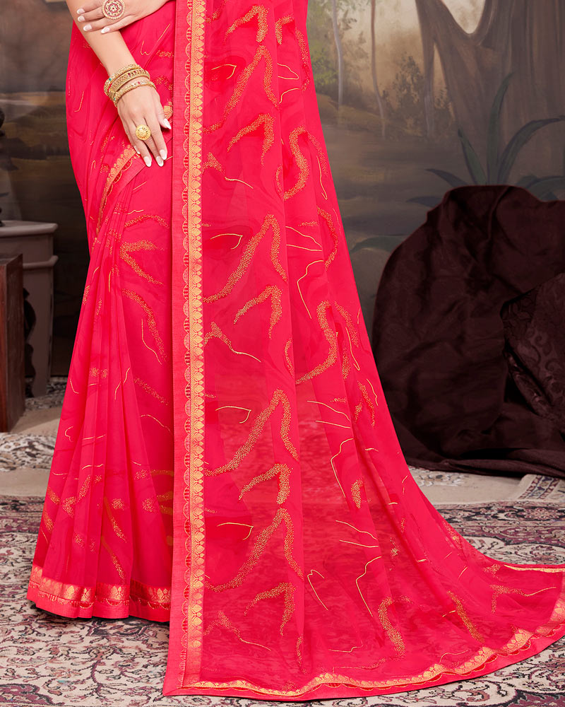 Vishal Prints Red Pink Georgette Saree With Foil Print And Fancy Border