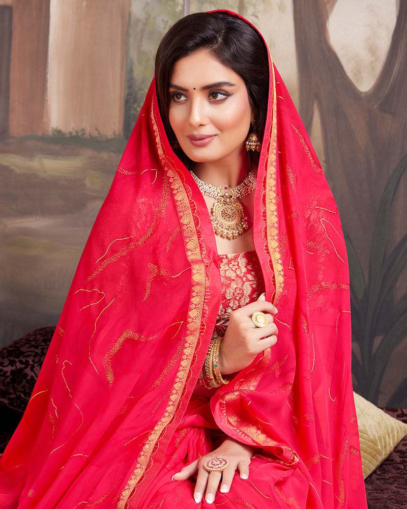 Vishal Prints Red Pink Georgette Saree With Foil Print And Fancy Border