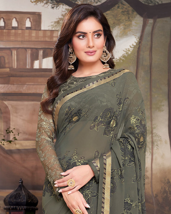 Vishal Prints Charcoal Grey Georgette Saree With Foil Print And Fancy Border