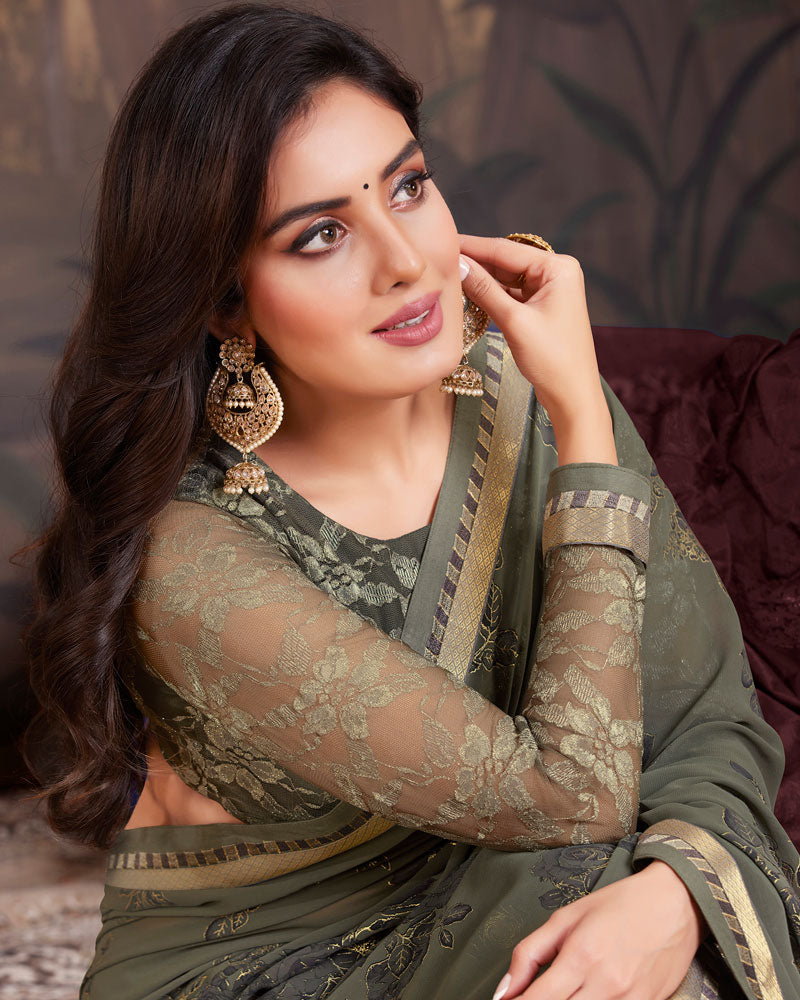 Vishal Prints Charcoal Grey Georgette Saree With Foil Print And Fancy Border