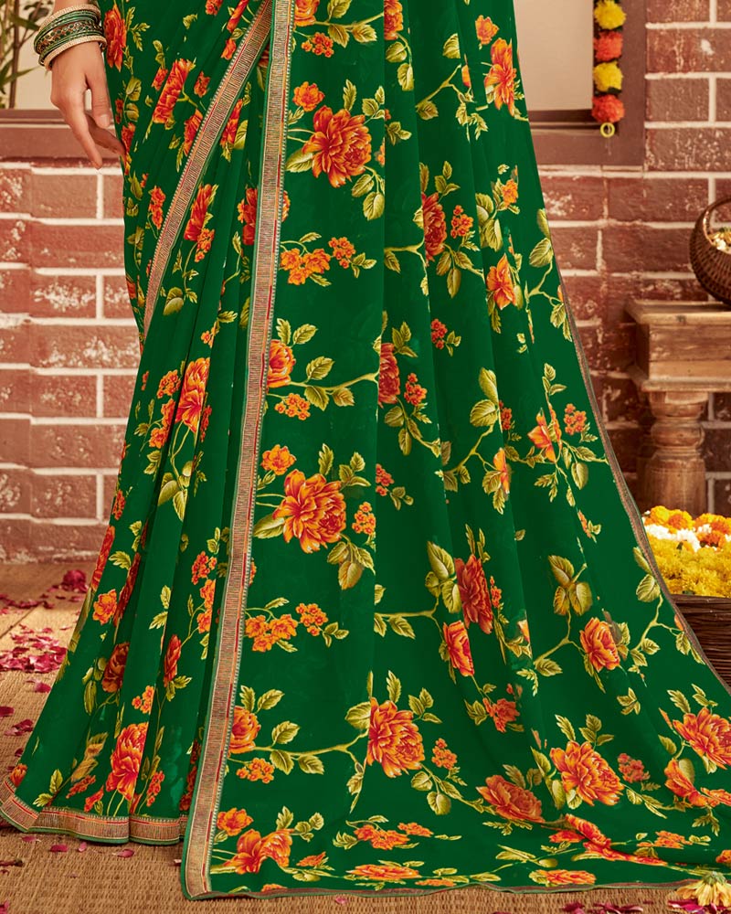 Vishal Prints Bottle Green Printed Georgette Saree With Fancy Border