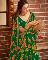 Vishal Prints Bottle Green Printed Georgette Saree With Fancy Border
