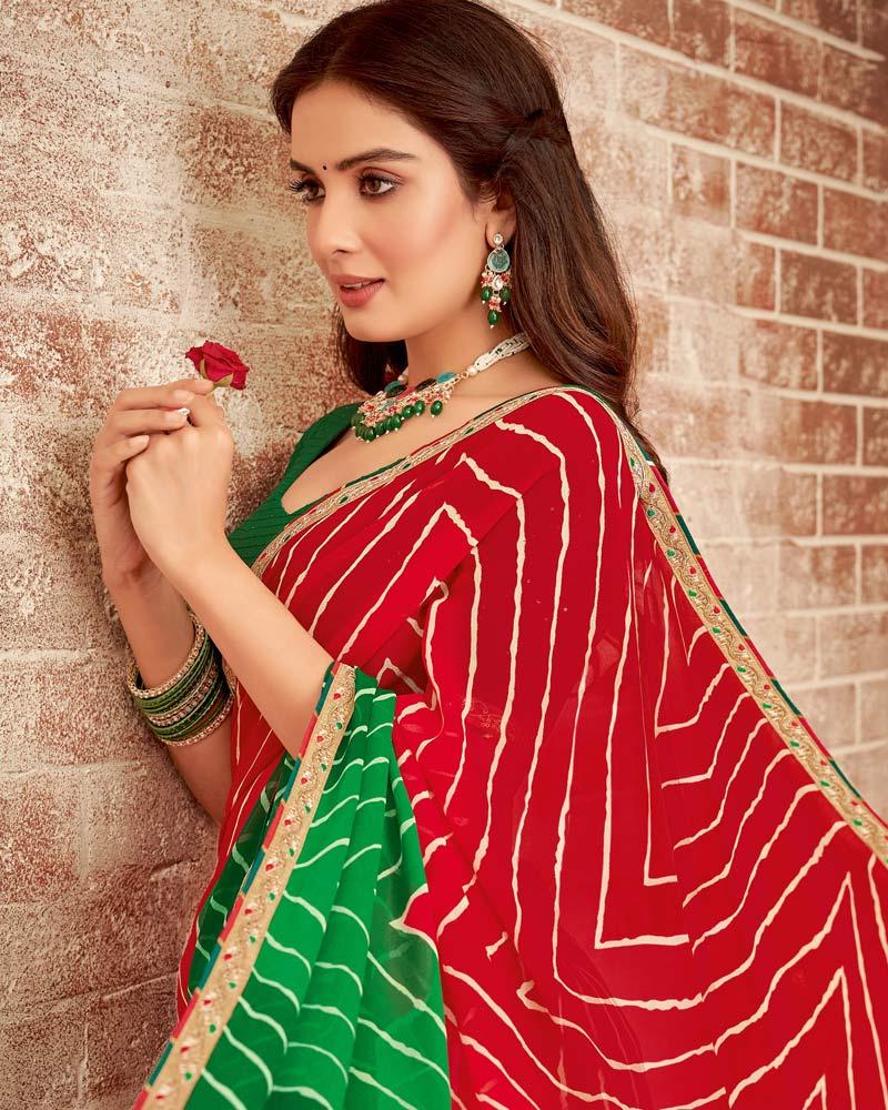 Vishal Prints Cherry Red Printed Georgette Saree With Fancy Border