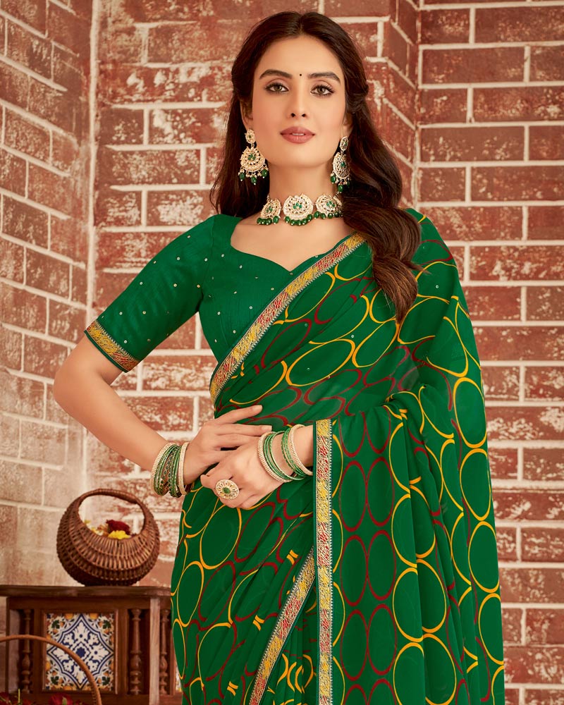 Vishal Prints Dark Green Printed Georgette Saree With Fancy Border