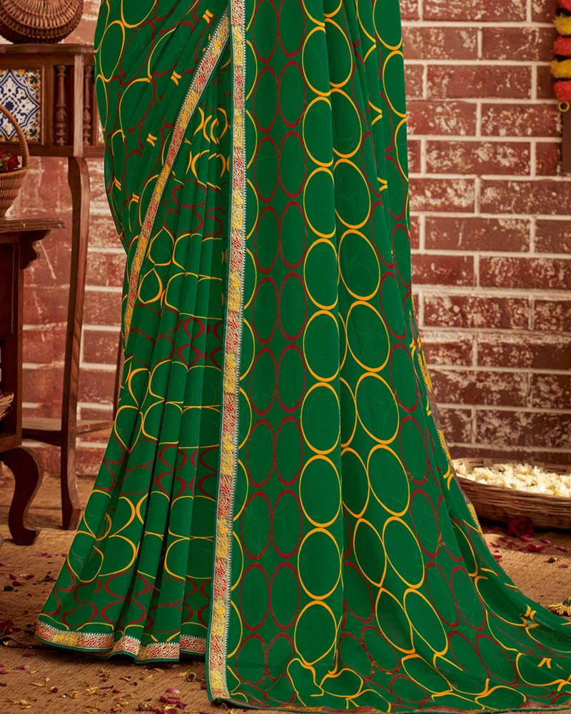 Vishal Prints Dark Green Printed Georgette Saree With Fancy Border