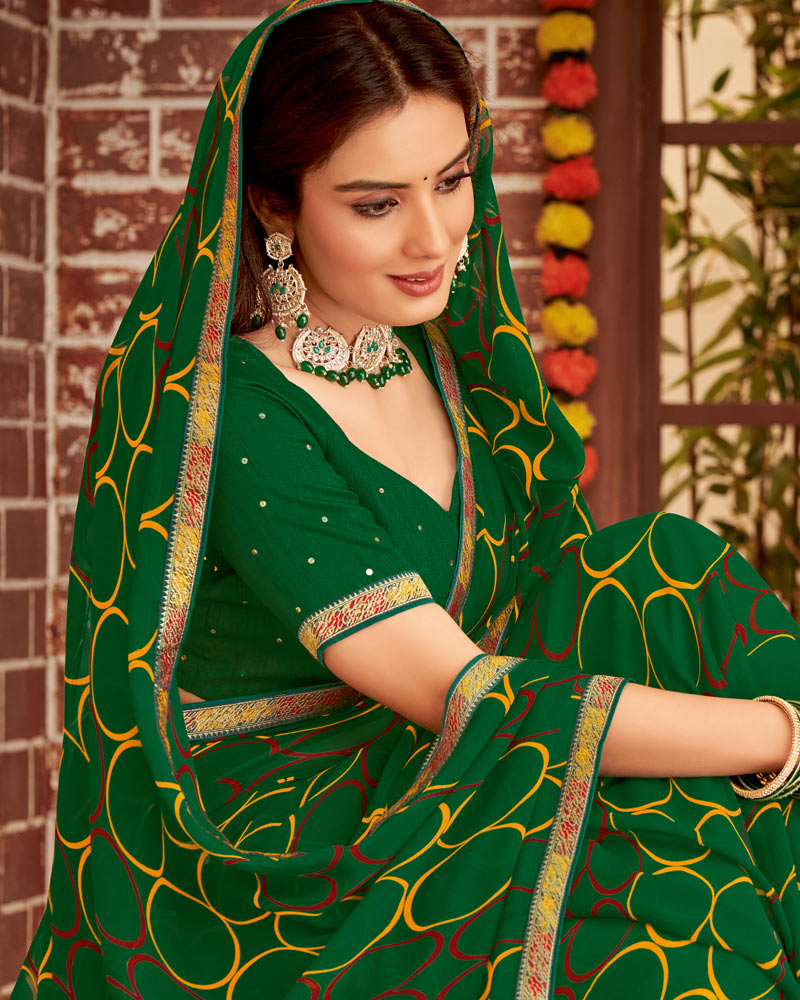 Vishal Prints Dark Green Printed Georgette Saree With Fancy Border
