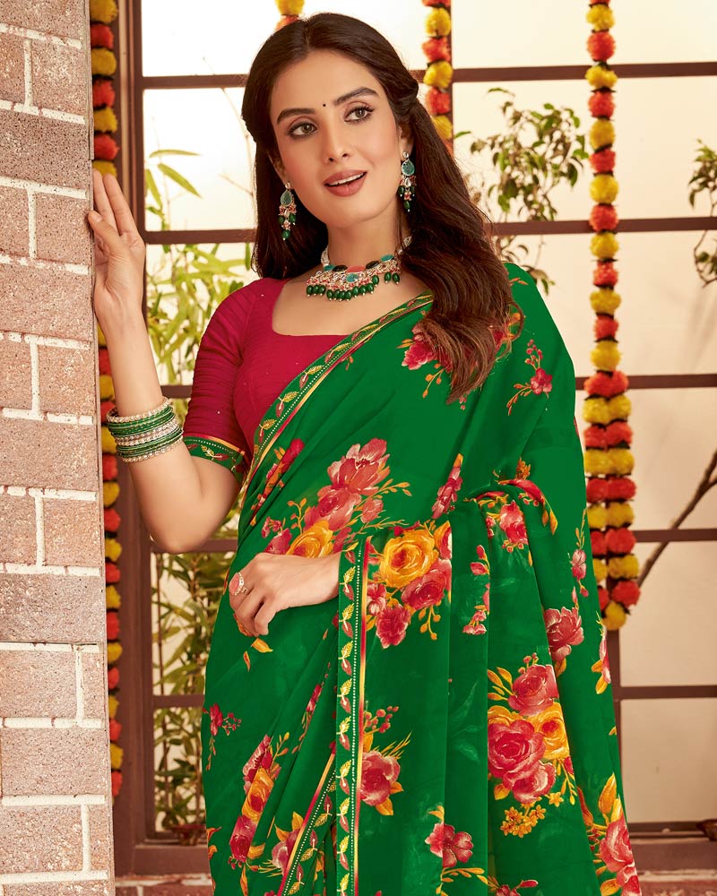 Vishal Prints Dark Green Printed Georgette Saree With Fancy Border
