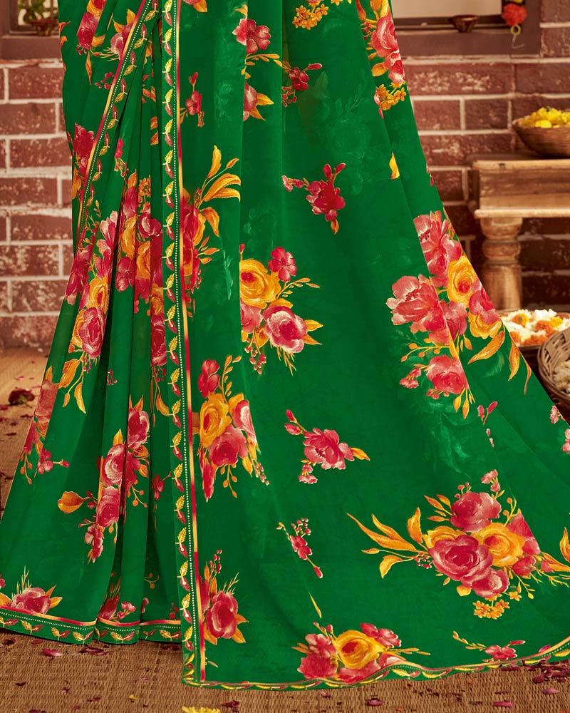 Vishal Prints Dark Green Printed Georgette Saree With Fancy Border