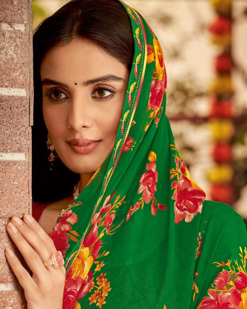 Vishal Prints Dark Green Printed Georgette Saree With Fancy Border