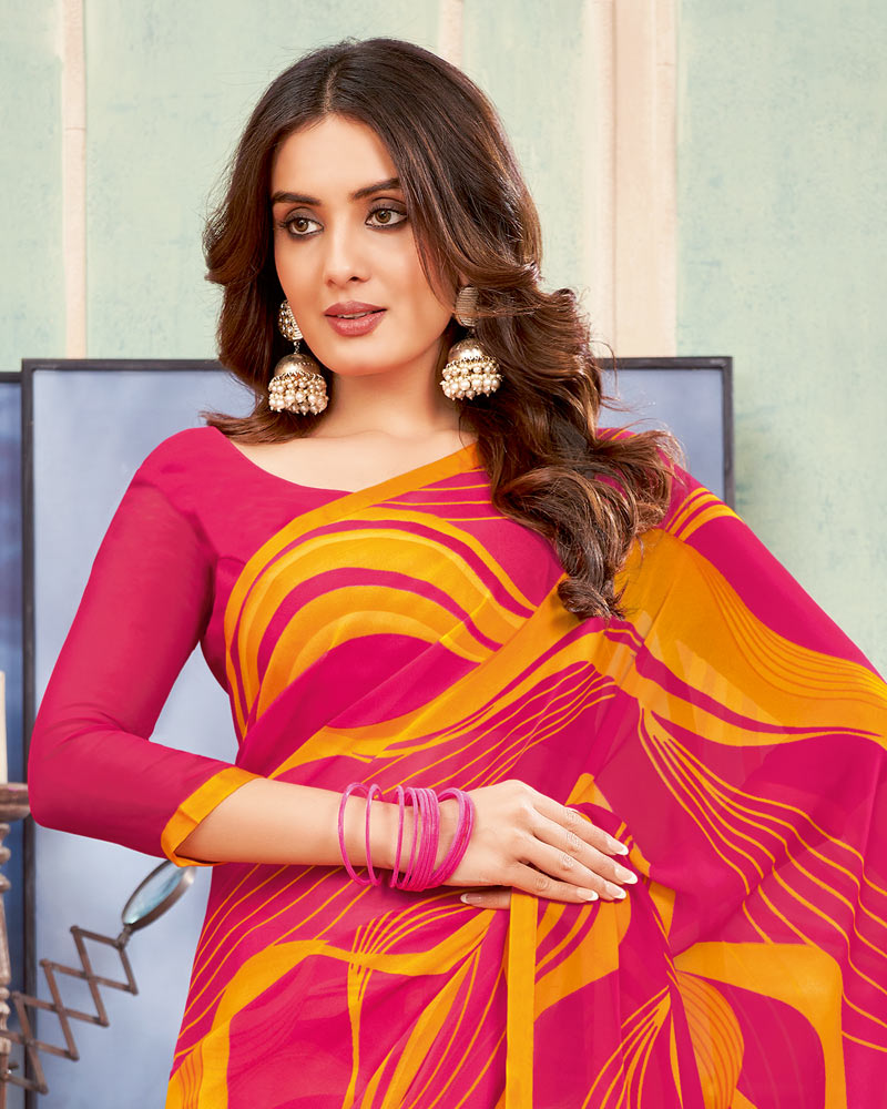 Vishal Prints Red Pink Printed Georgette Saree With Satin Piping
