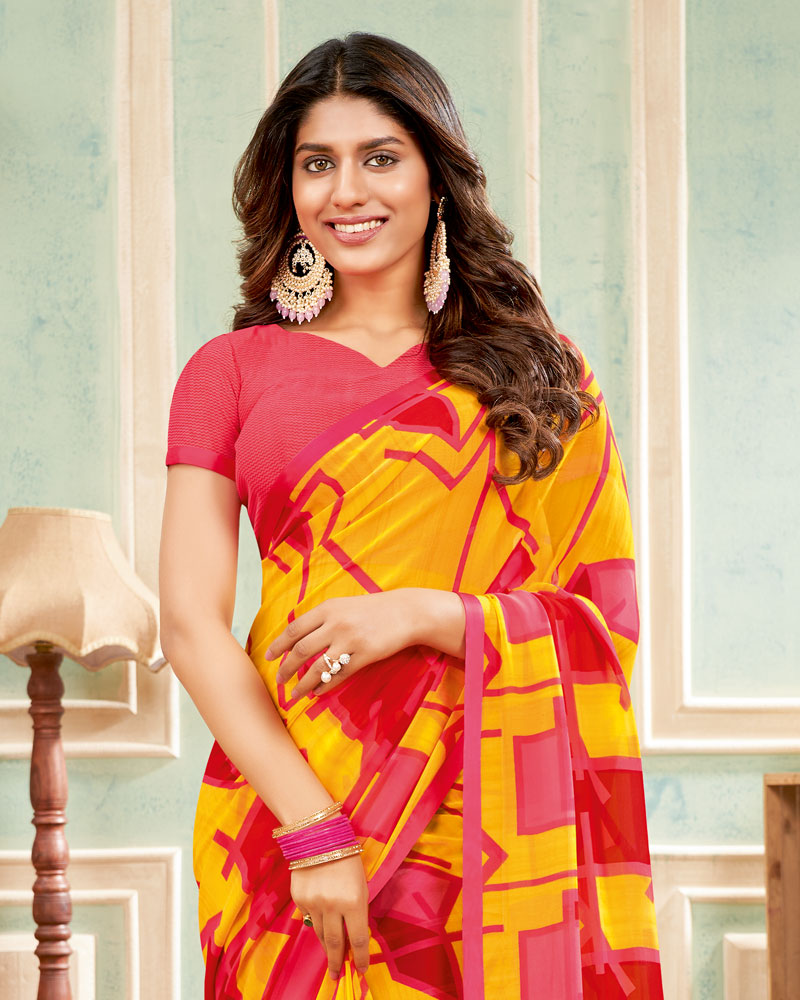 Vishal Prints Golden Yellow Printed Georgette Saree With Satin Piping