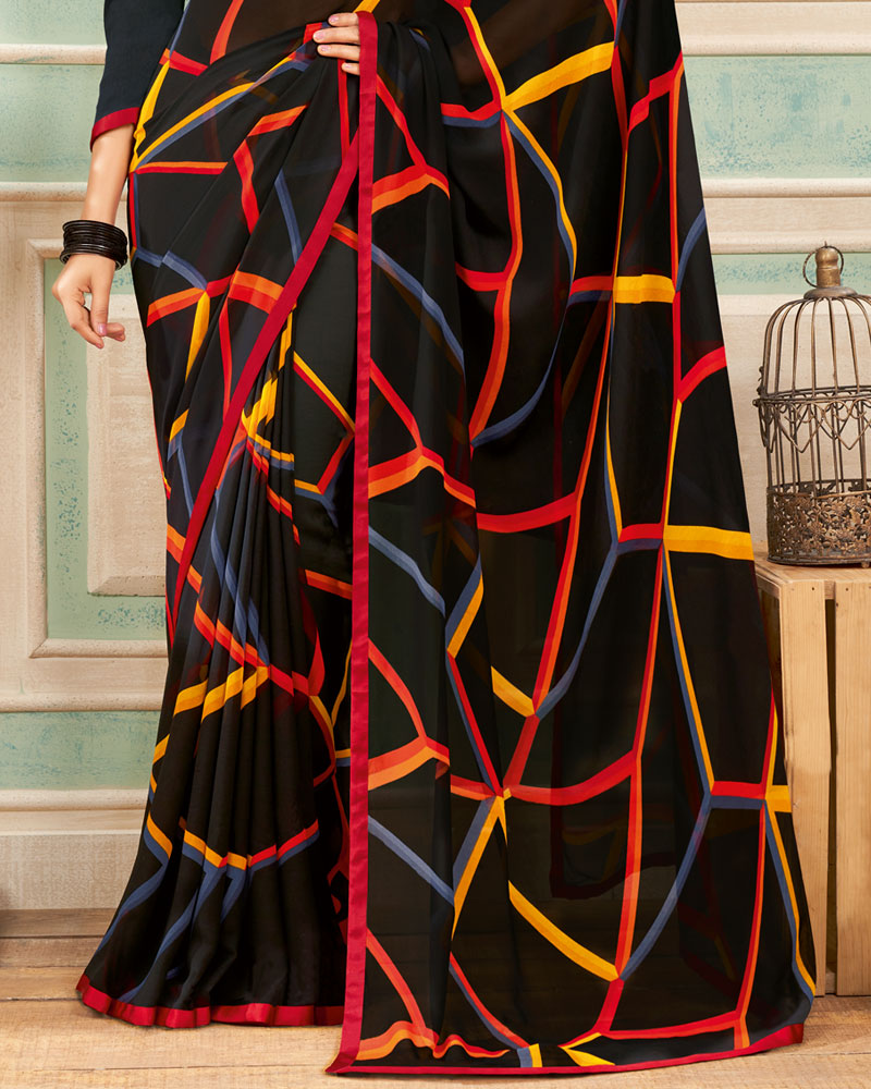 Vishal Prints Black Printed Georgette Saree With Satin Piping