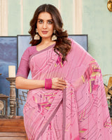 Vishal Prints Baby Pink Printed Georgette Saree With Satin Piping