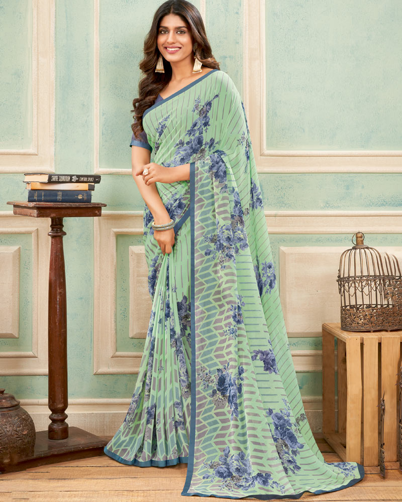 Vishal Prints Pastel Green Printed Georgette Saree With Satin Piping