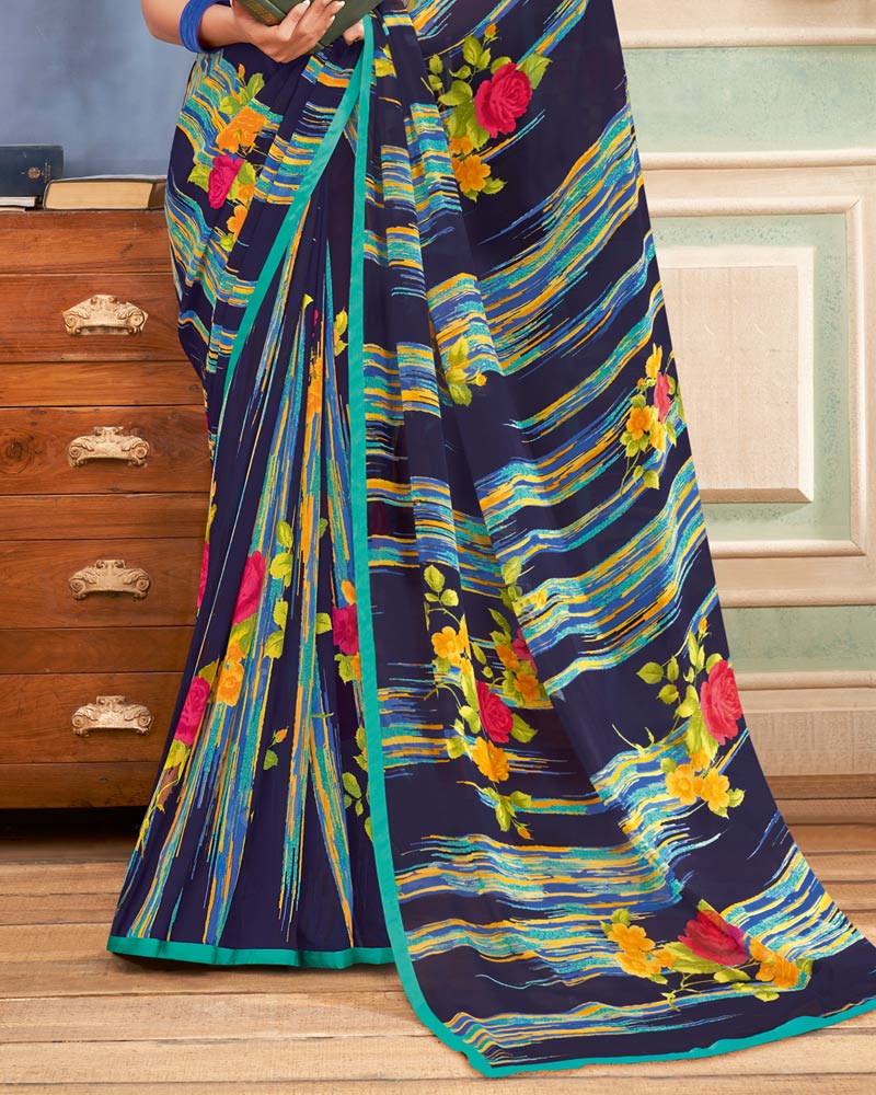 Vishal Prints Dark Navy Blue Printed Georgette Saree With Satin Piping