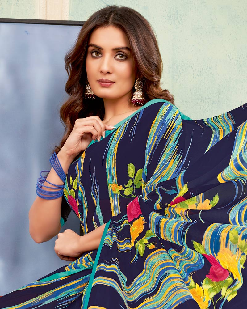 Vishal Prints Dark Navy Blue Printed Georgette Saree With Satin Piping