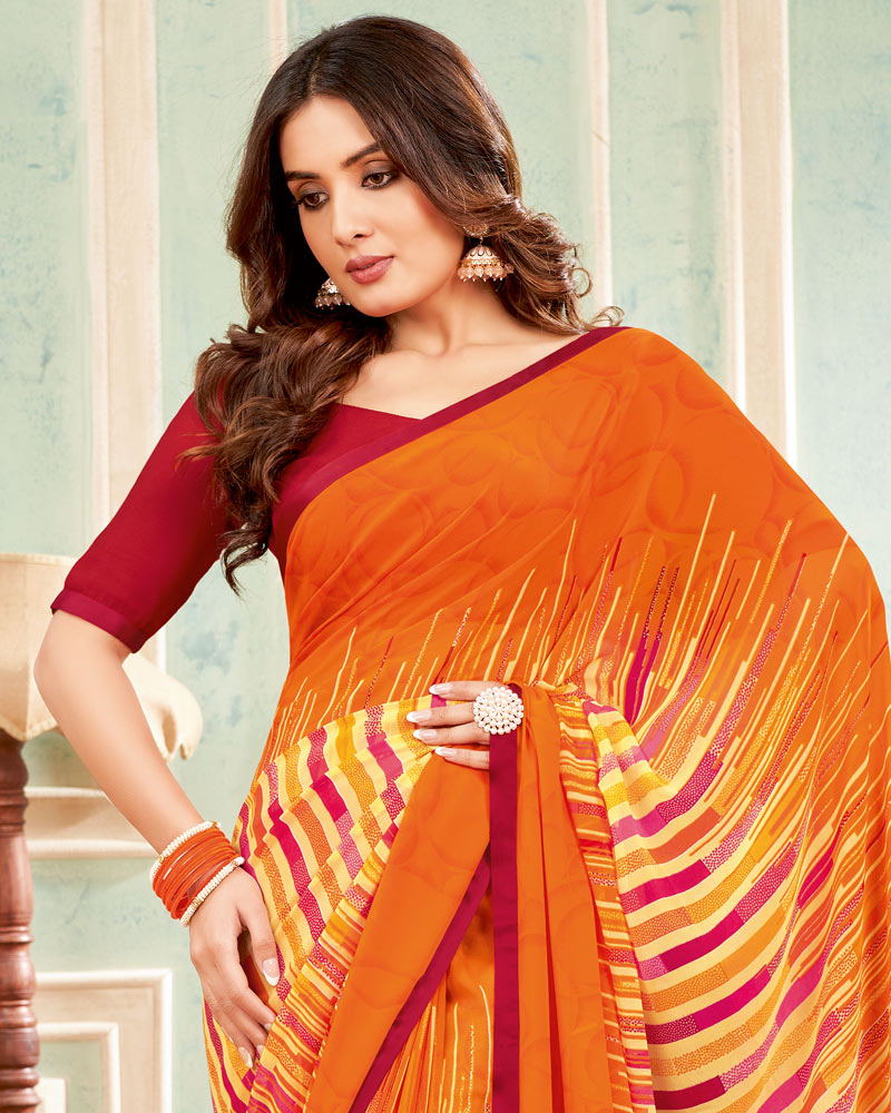 Vishal Prints Dark Orange Printed Georgette Saree With Satin Piping