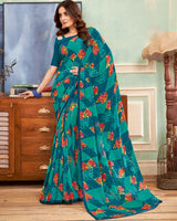 Vishal Prints Peacock Blue Printed Georgette Saree With Satin Piping