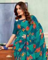 Vishal Prints Peacock Blue Printed Georgette Saree With Satin Piping