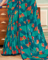 Vishal Prints Peacock Blue Printed Georgette Saree With Satin Piping