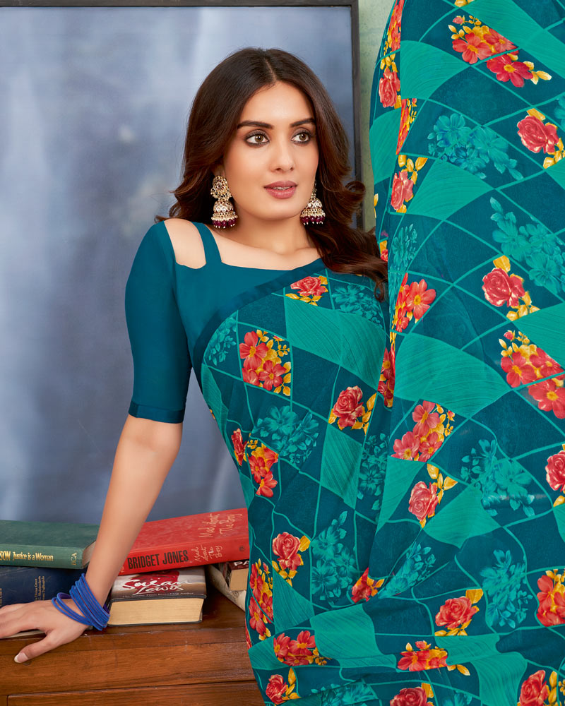 Vishal Prints Peacock Blue Printed Georgette Saree With Satin Piping