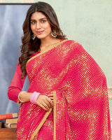 Vishal Prints Red Pink Printed Georgette Saree With Satin Piping