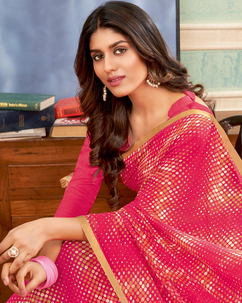 Vishal Prints Red Pink Printed Georgette Saree With Satin Piping