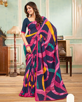 Vishal Prints Dark Navy Blue Printed Georgette Saree With Satin Piping