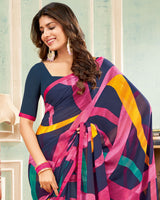Vishal Prints Dark Navy Blue Printed Georgette Saree With Satin Piping